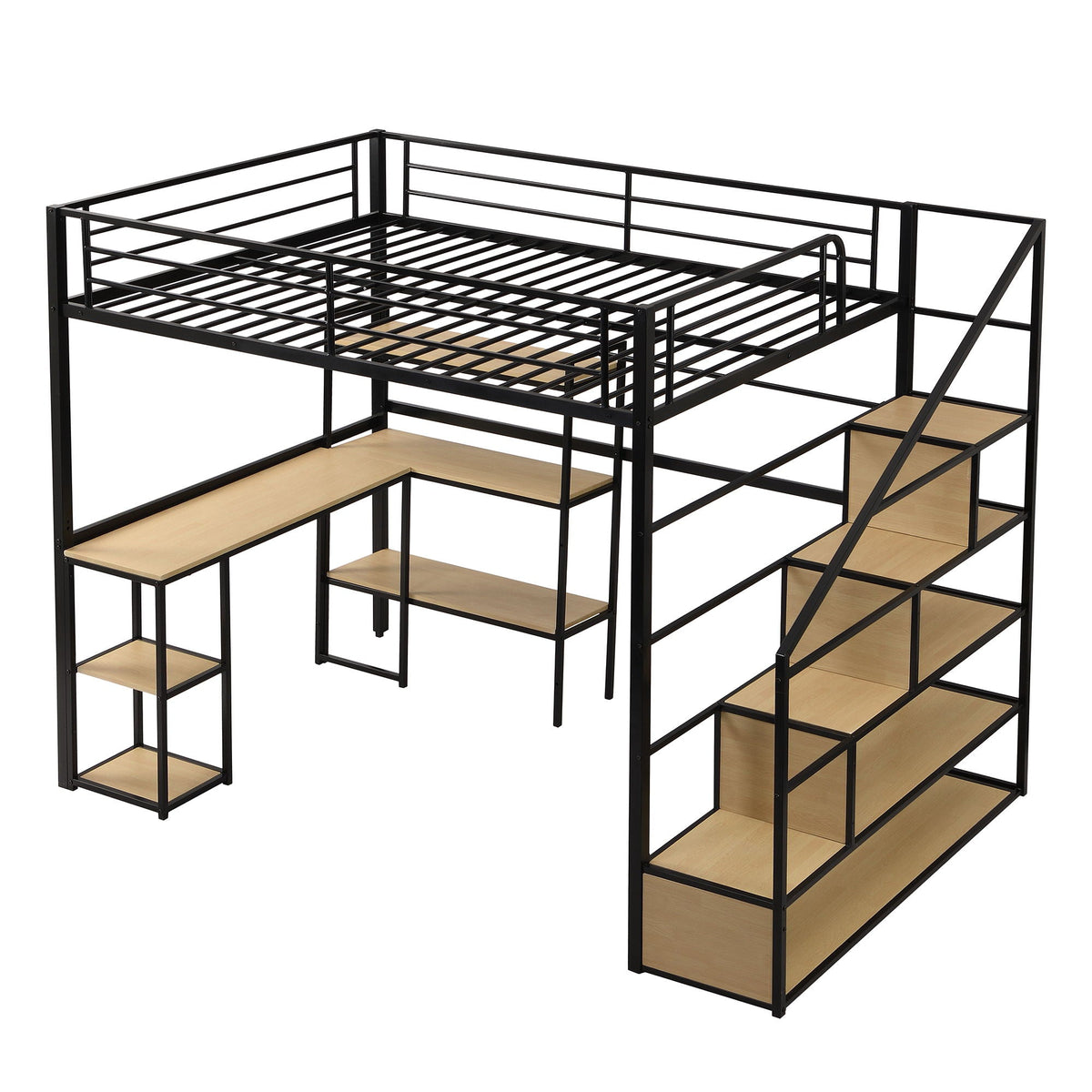 Full Size Loft Bed with Built-In Desk and Shelves - Black