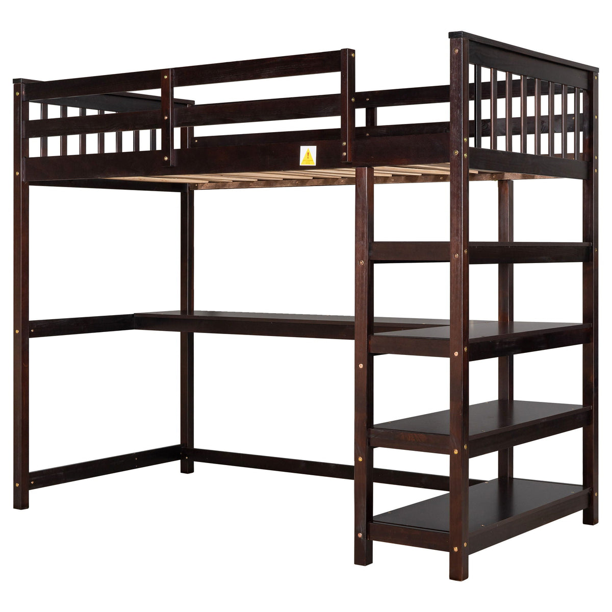 Loft Bed With Storage Shelves and Under Bed Desk - Solid Pine Wood