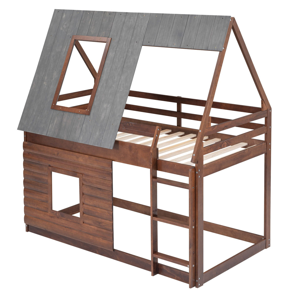 Wood Twin Size House Bunk Bed with Roof and 2 Windows - Oak & Smoky Gray