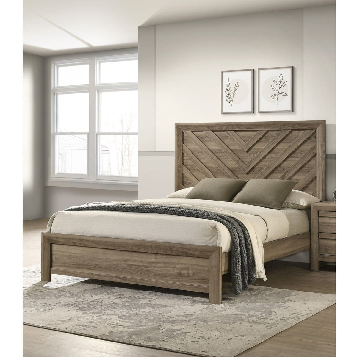Modern Chevron Patterned Headboard Panel Bed with Wood Finish - Dark Brown