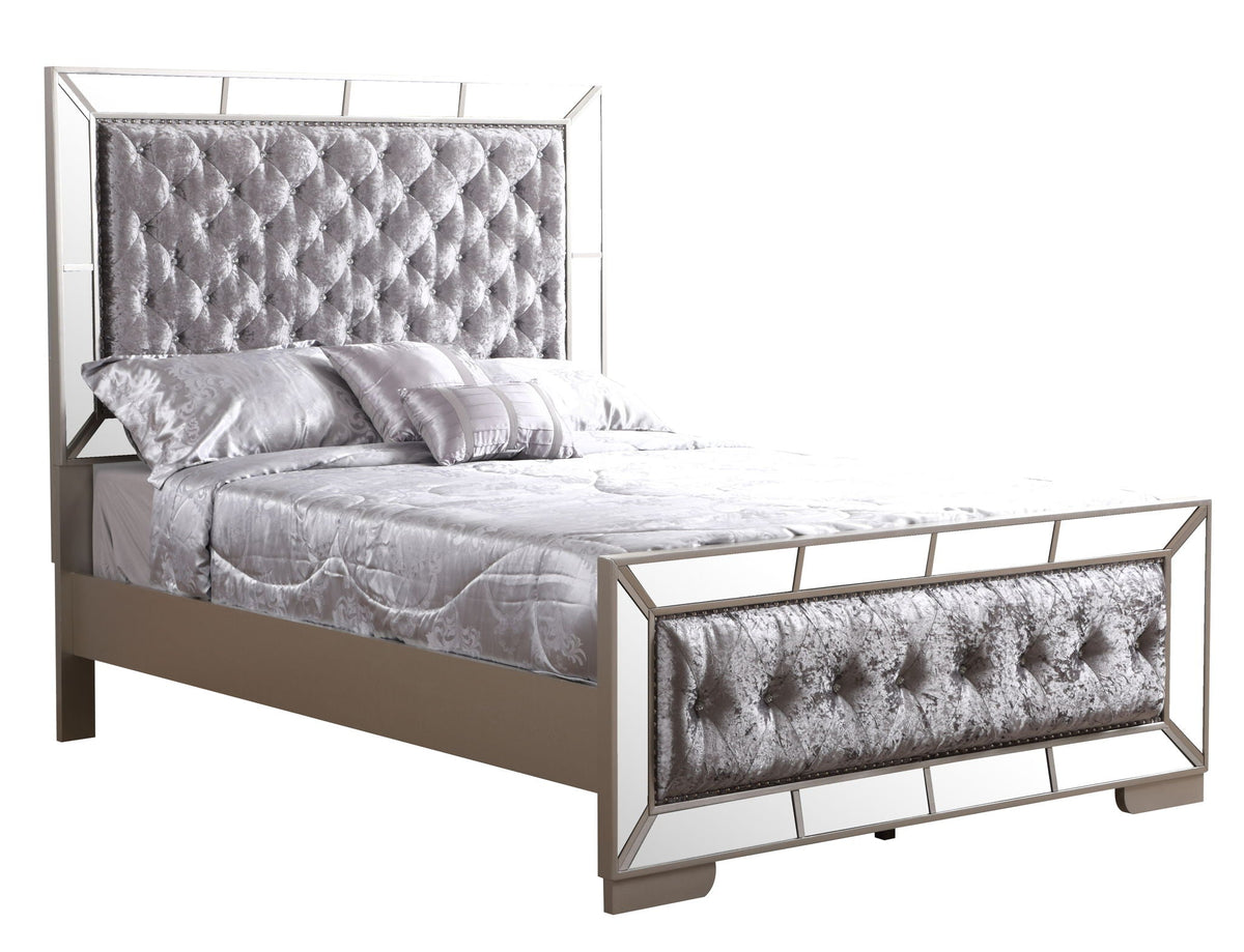 Contemporary Panel Bed with Mirrored Accents - Beige or Pearl Silver