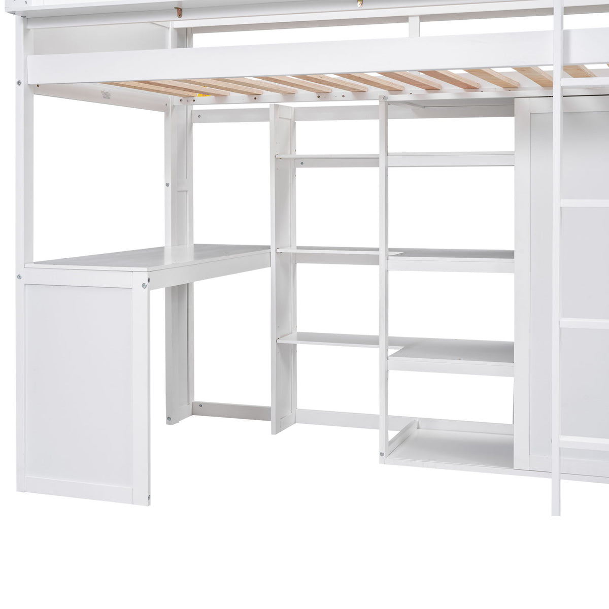 Twin Loft Bed with Built-In Desk, Storage Shelves & Wardrobe - Wood Frame