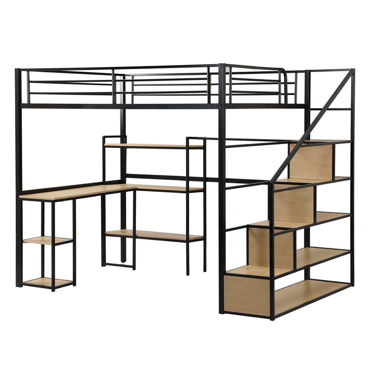 Full Size Loft Bed with Built-In Desk and Shelves - Black