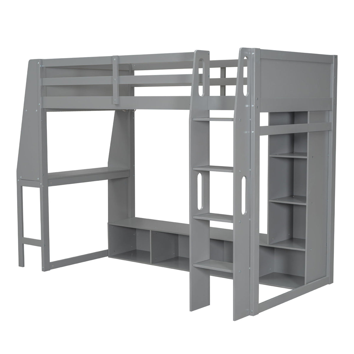 Gaming Loft Bed with Desk and Storage Shelves – LED Lighting – Black or Dark Gray