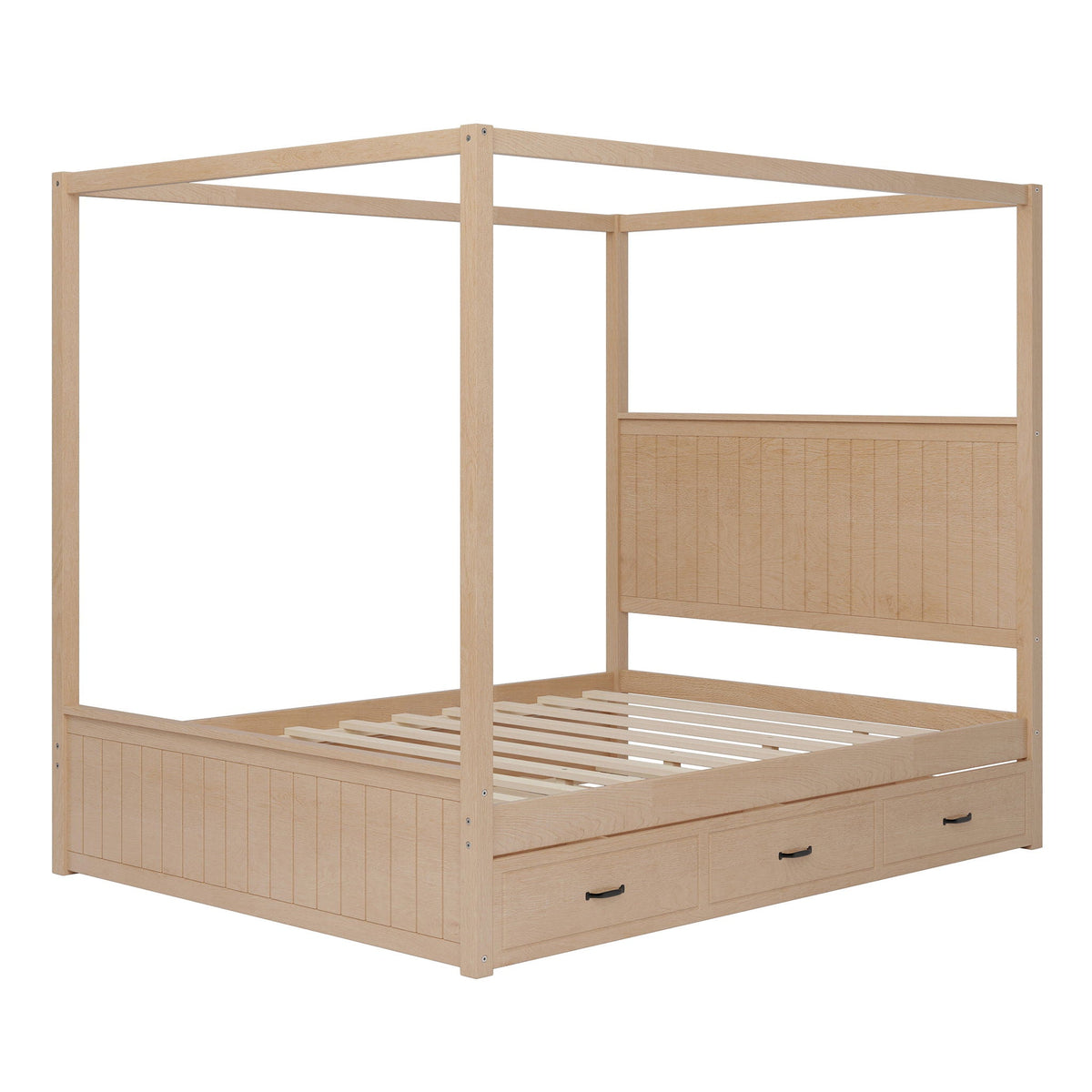 Canopy Platform Bed with Trundle and 3 Storage Drawers - Queen, Solid Pine
