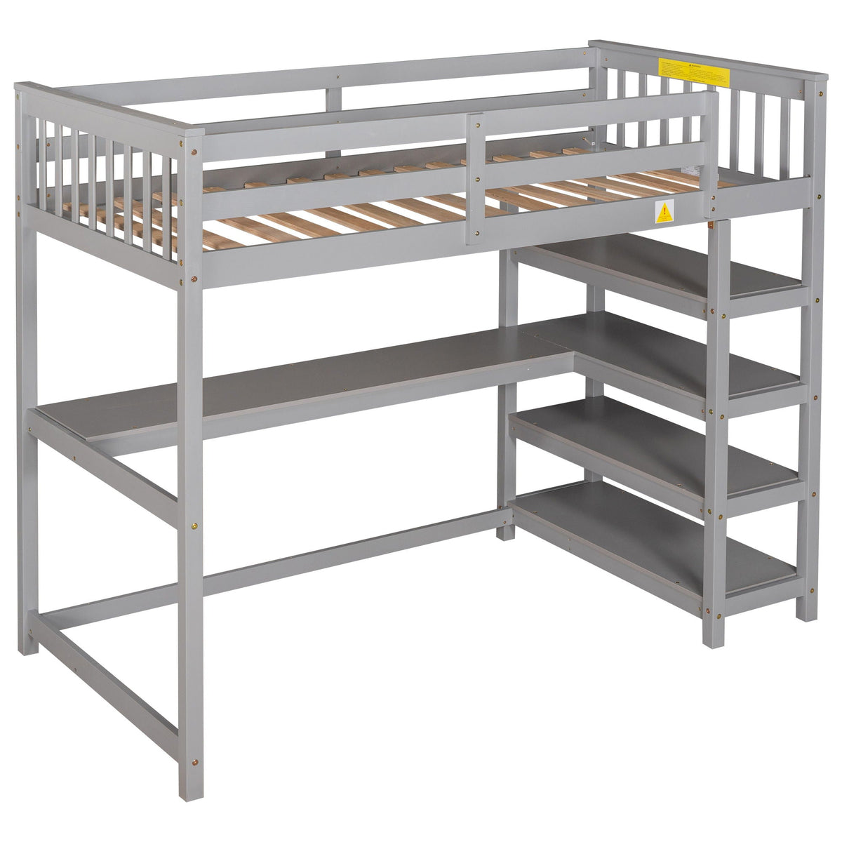 Loft Bed With Storage Shelves and Under Bed Desk - Solid Pine Wood