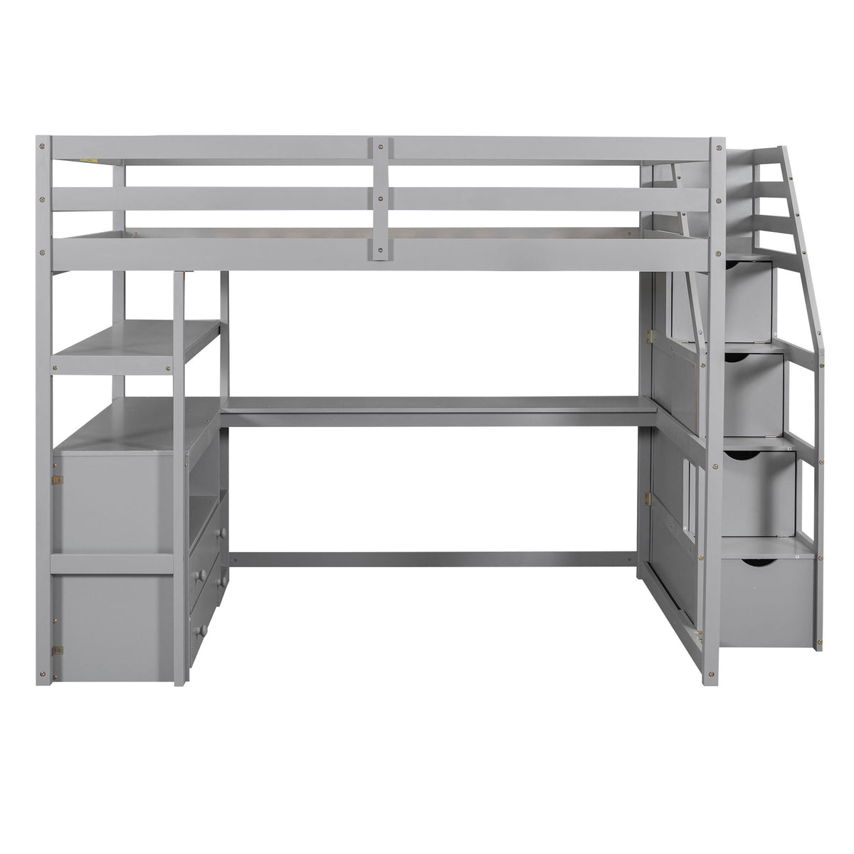 Loft Bed with Desk and Storage Staircase - Full or Twin, White or Gray