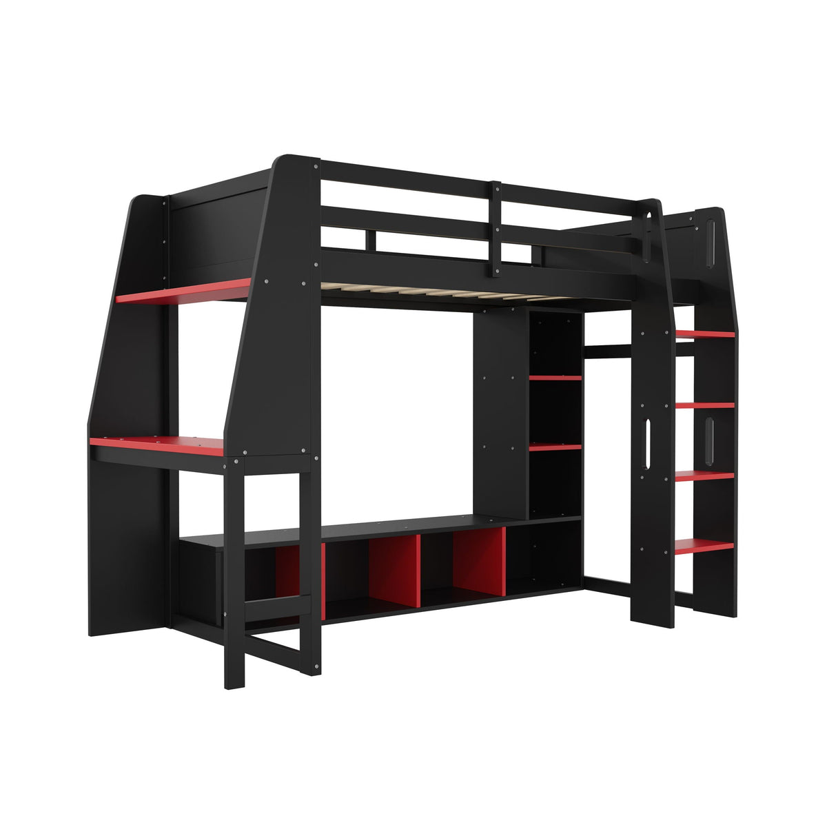Gaming Loft Bed with Desk and Storage Shelves – LED Lighting – Black or Dark Gray