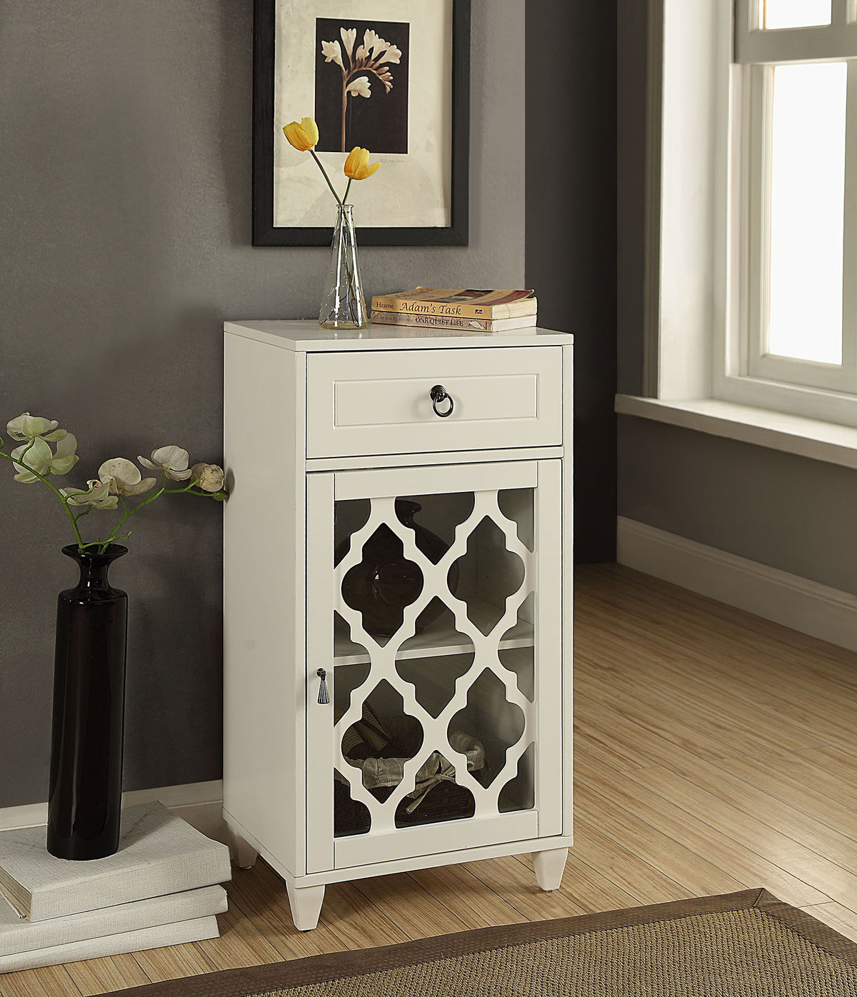White Wood Accent Table with Glass Door - Ceara