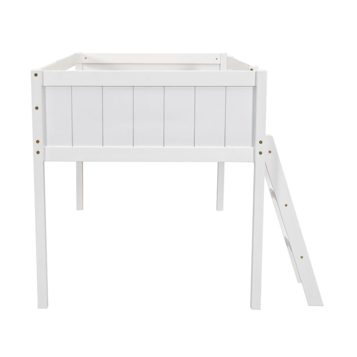 Low Loft Bed With Adjustable Ladder - Solid Wood Frame, White or Dark Gray