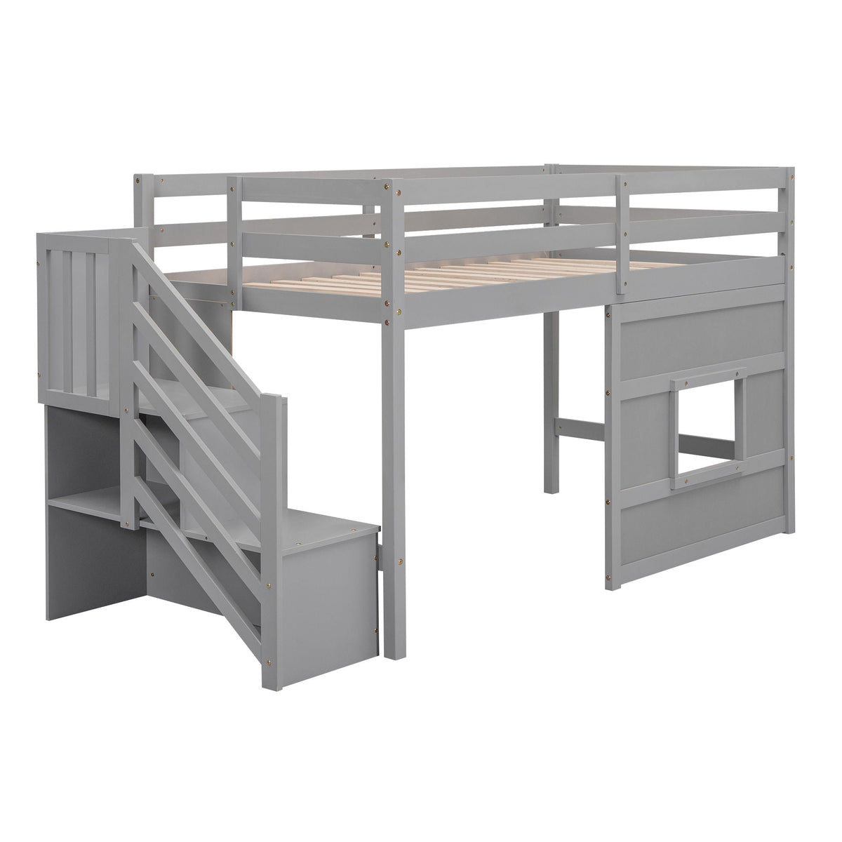 Twin Loft Bed with Storage Staircase, Window & LED Light - White or Dark Gray
