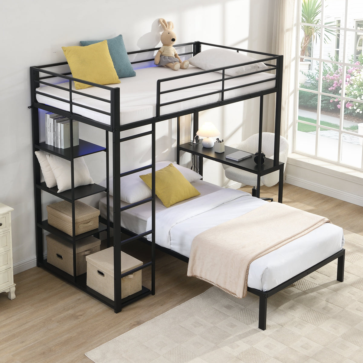 Metal Loft Bed Frame with LED Light Strip, Desk & Storage Shelves - Twin Size