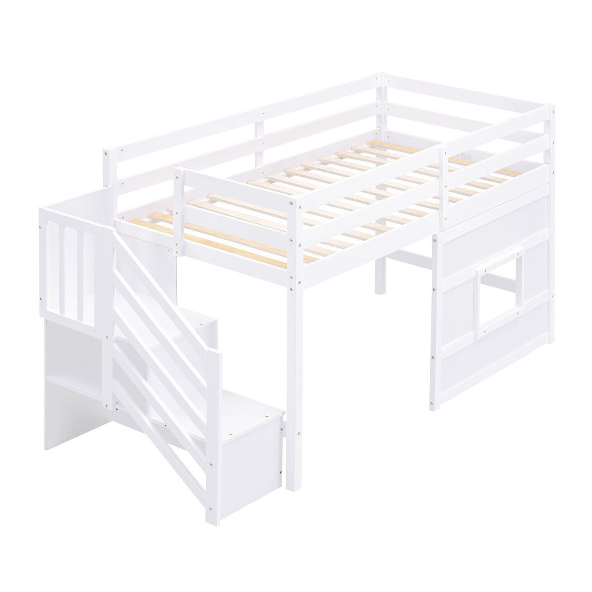 Twin Loft Bed with Storage Staircase, Window & LED Light - White or Dark Gray