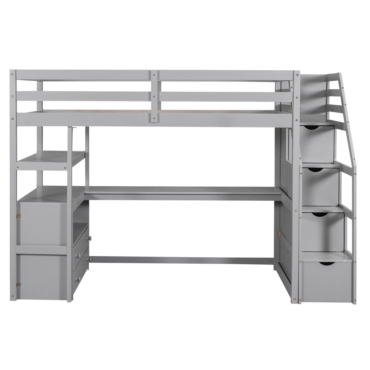 Loft Bed with Desk and Storage Staircase - Full or Twin, White or Gray