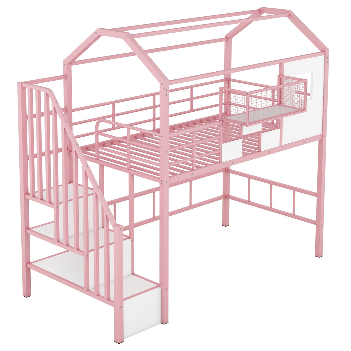 Metal Loft Bed With Roof Design and Storage Box with Guardrails and Integrated Ladder - Twin