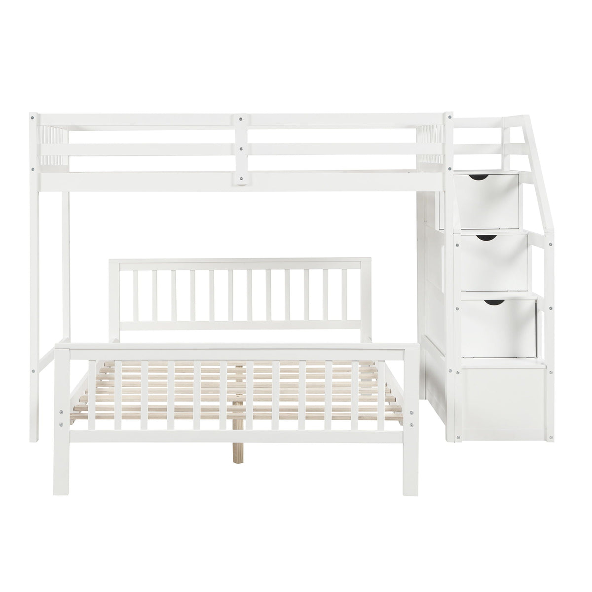 Loft Bed With Staircase and Storage - Twin Over Full, Guardrails - White or Dark Gray