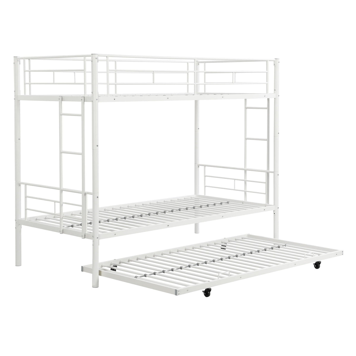 Twin Over Twin Bunk Bed with Trundle - Sturdy Metal Frame - Pearl Silver, White, or Pink
