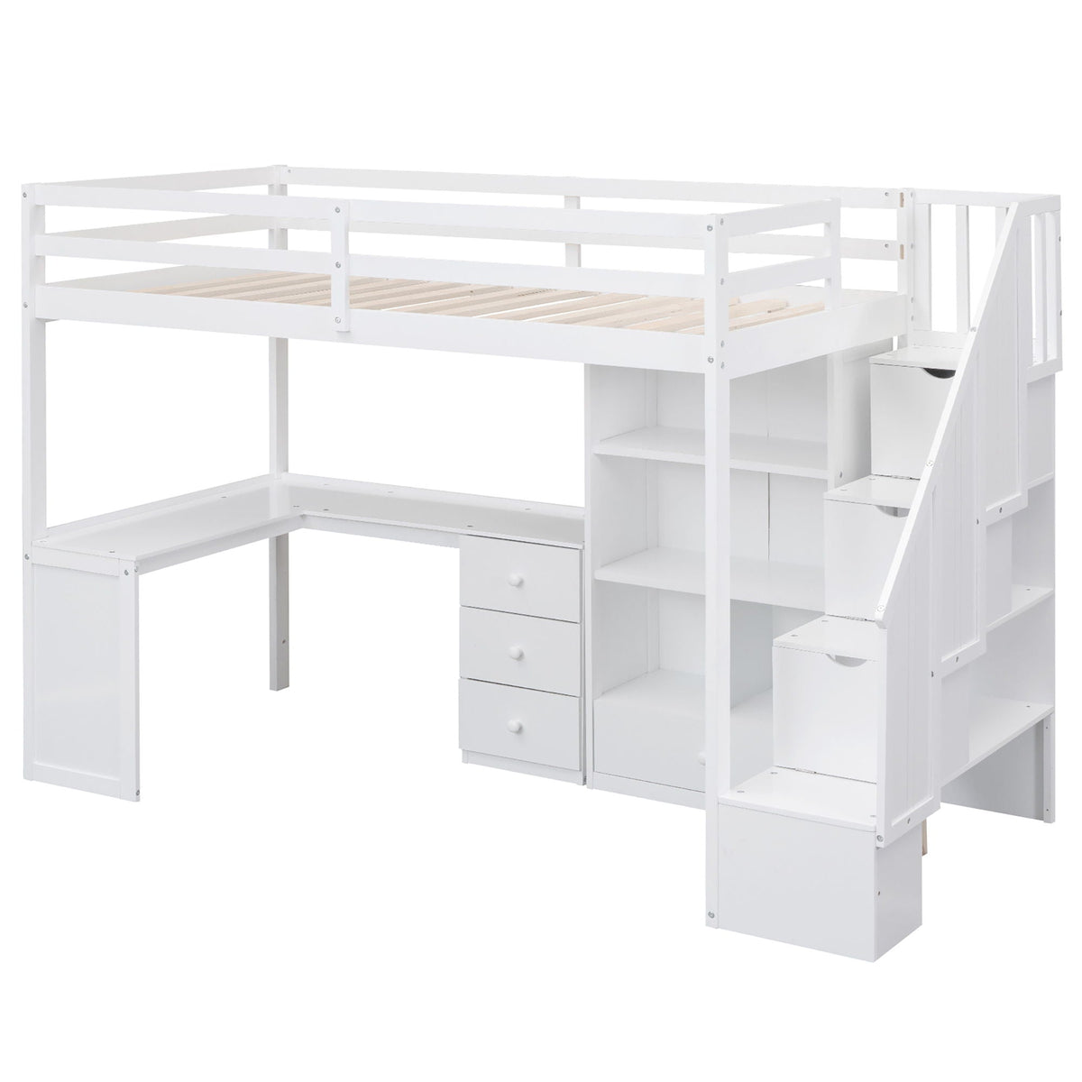 Twin Loft Bed With L-Shaped Desk and Storage Staircase - Pine Wood