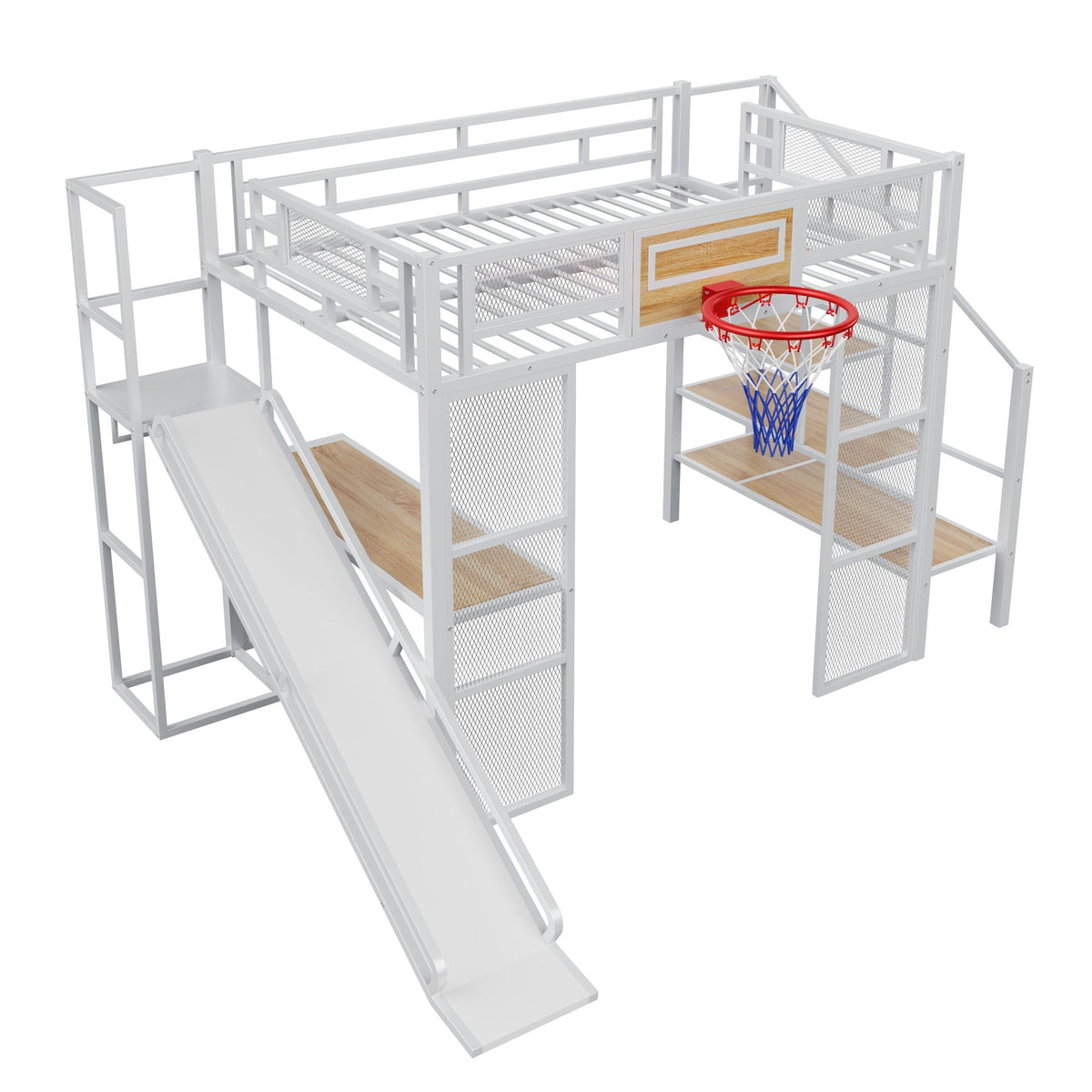 Full Loft Bed with Built-In Desk, Slide & Storage - Black or White