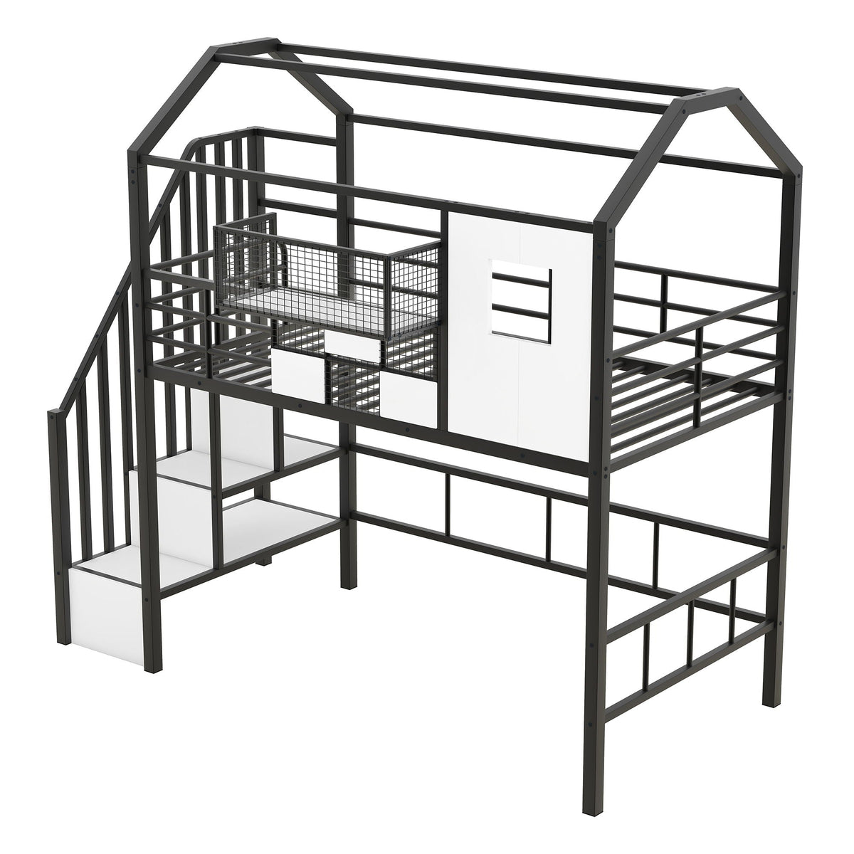 Metal Loft Bed With Roof Design and Storage Box with Guardrails and Integrated Ladder - Twin