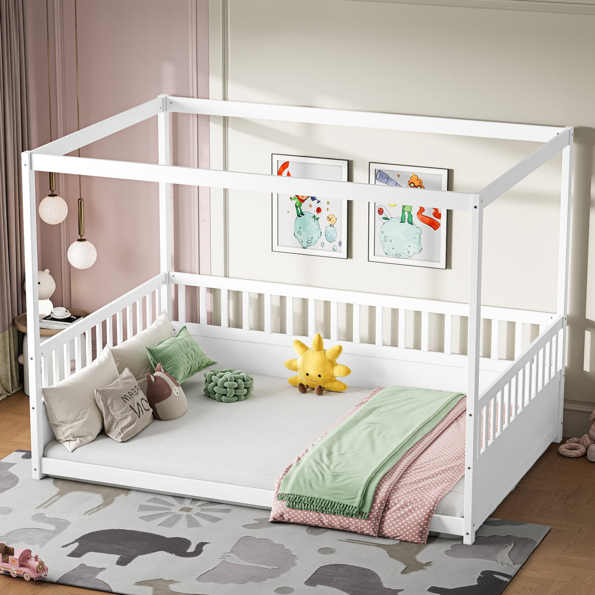 Full Size Canopy Bed Frame with Guardrails - White