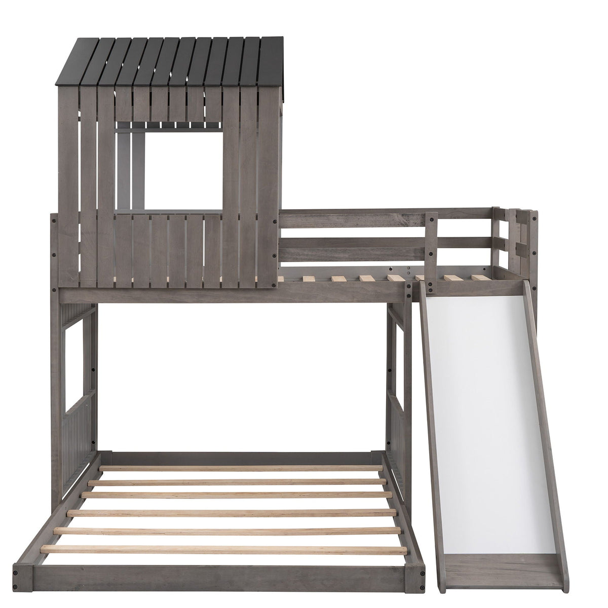 Loft Bunk Bed With Playhouse, Slide, and Guardrails - Twin Over Full