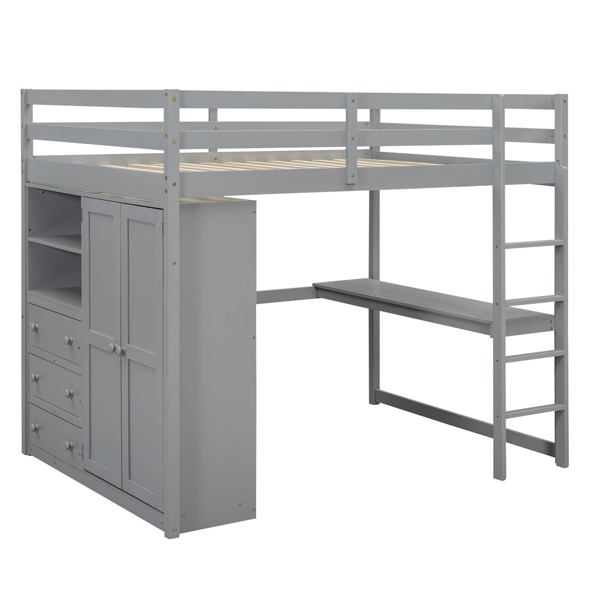 Full Size Loft Bed with Built-In Wardrobe, Shelves, and Drawers - White or Dark Gray