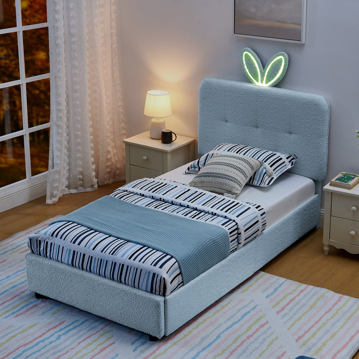 Twin Size Kids Upholstered Bed with Rabbit Ear Headboard & Storage - White Boucle