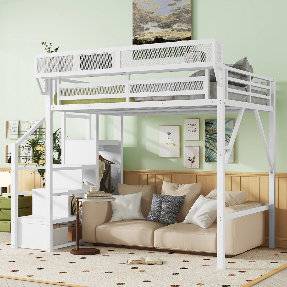 Full Size Loft Bed with Stairs and Storage Shelves - Metal, White