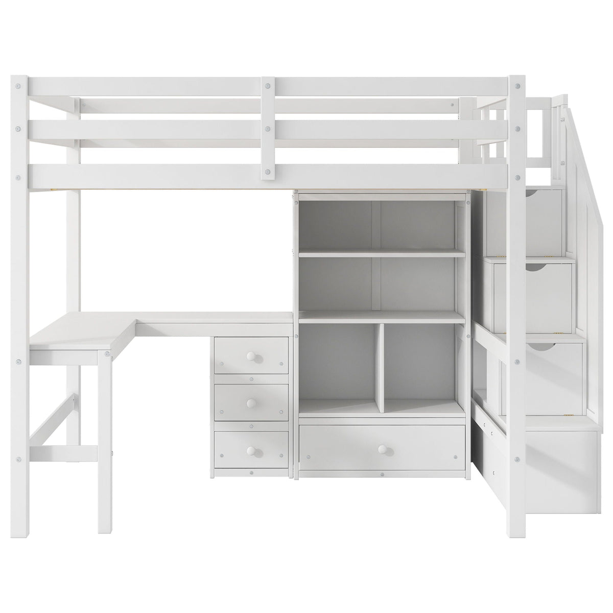 Full Loft Bed with L-Shaped Desk and Storage Staircase - White or Dark Gray