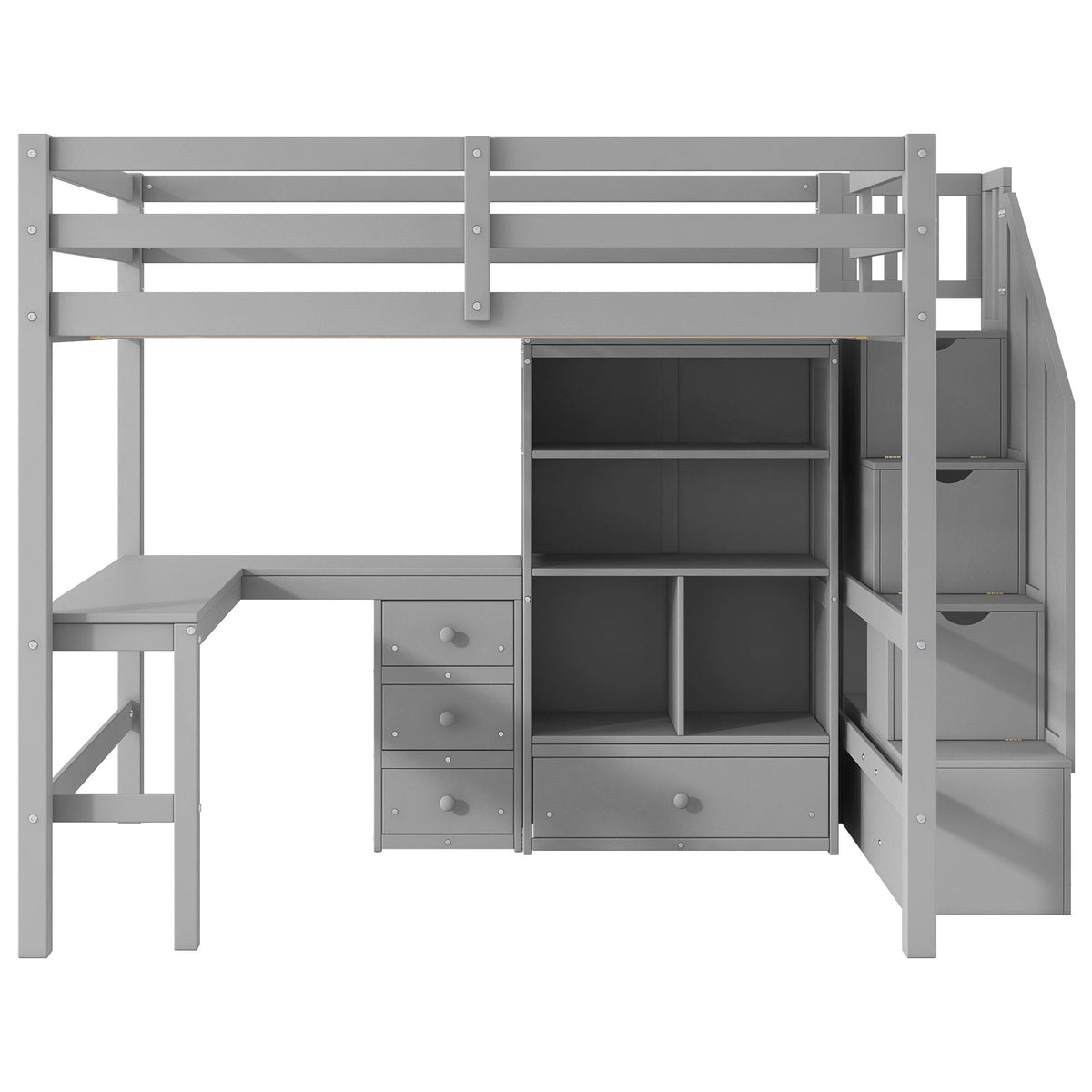 Full Loft Bed with L-Shaped Desk and Storage Staircase - White or Dark Gray