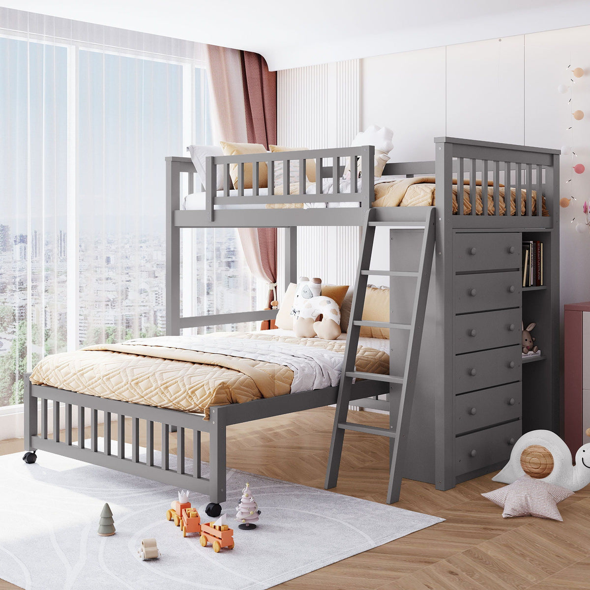 Twin Over Full Bunk Bed with 6 Drawers and Flexible Shelves - Multiple Colors