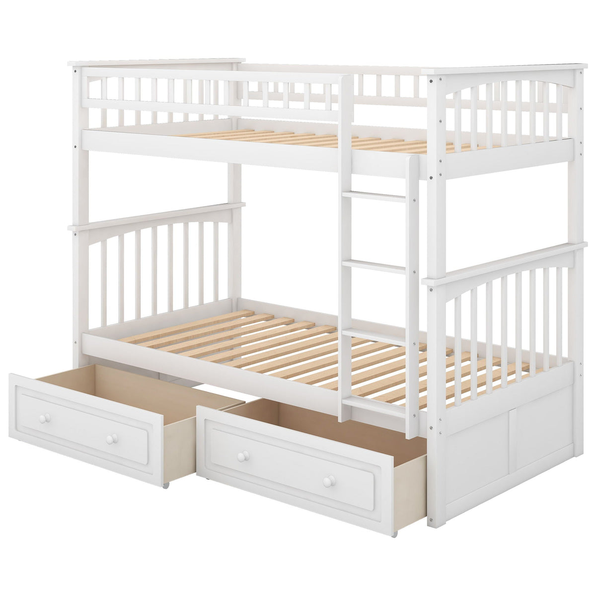 Twin Over Twin Bunk Bed with Drawers - Convertible, Solid Pine Wood - White or Dark Gray