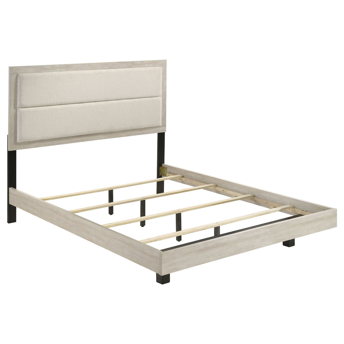 Queen Panel Bed with Upholstered Headboard - Rustic White Washed Finish