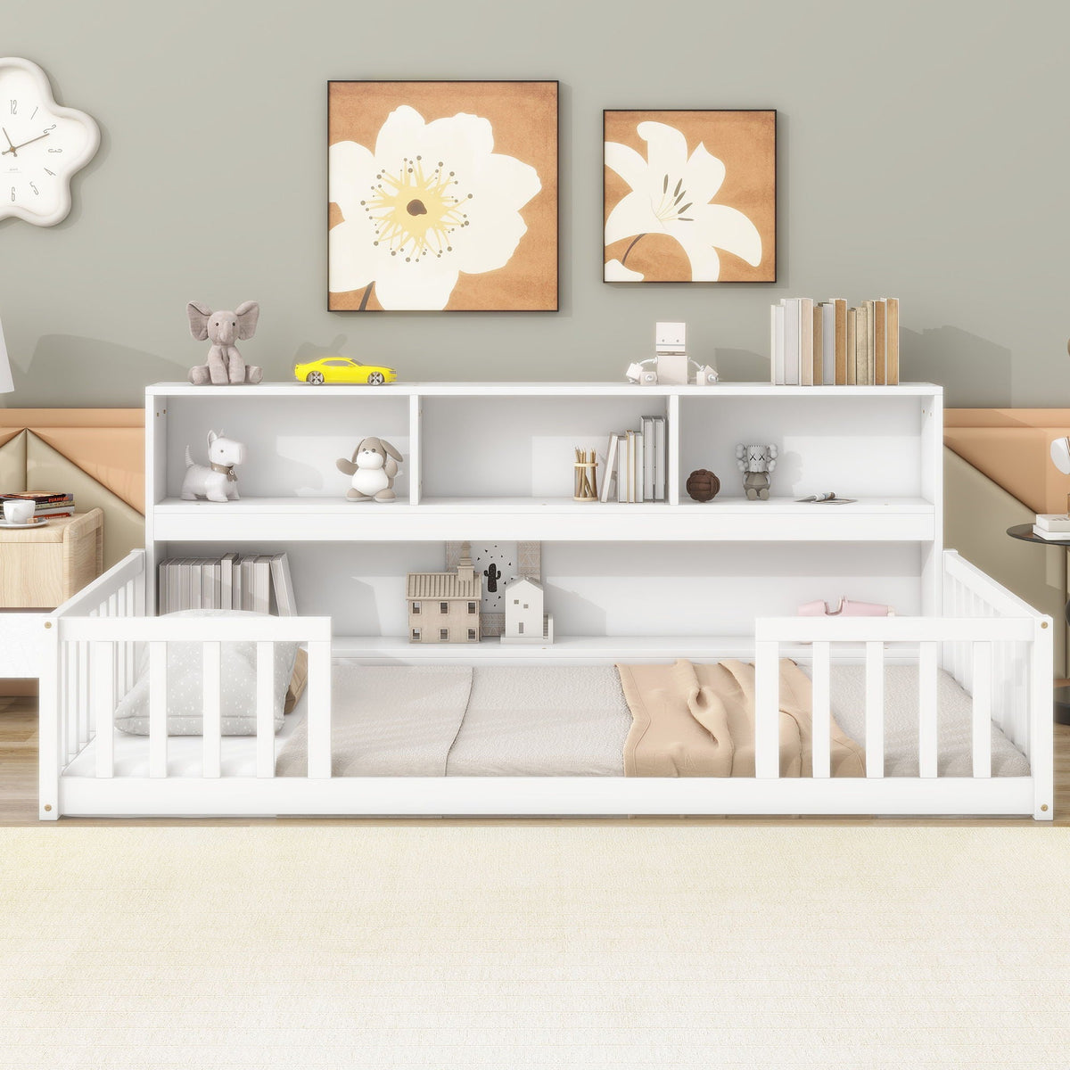 Twin Storage Bed with Bedside Bookcase and Guardrails - Gray or White