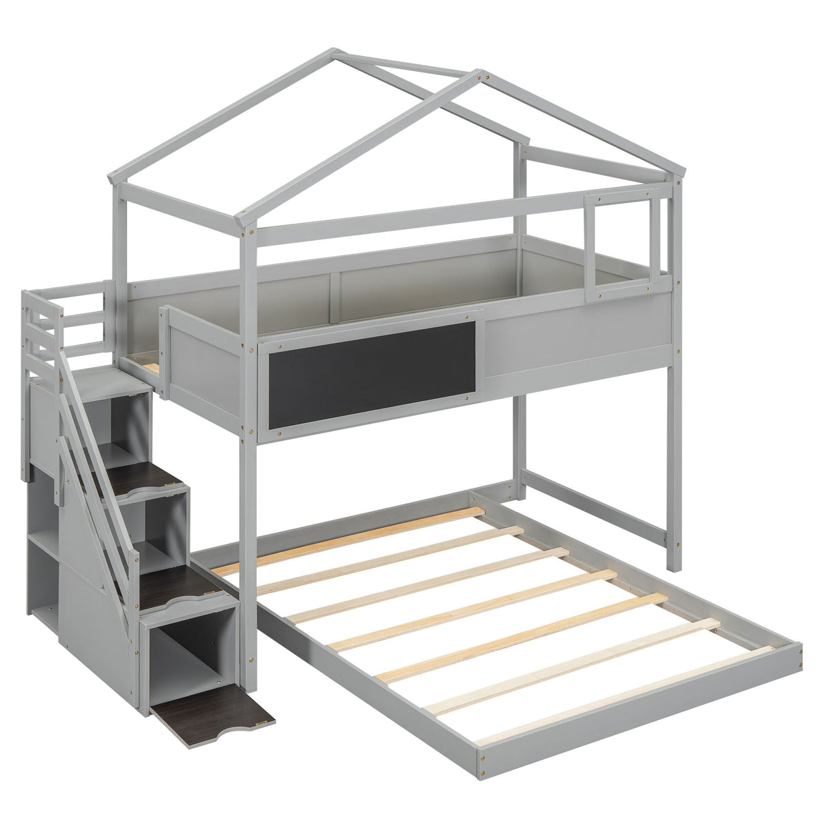 House Style Bunk Bed with Storage Staircase and Board - Twin Over Full