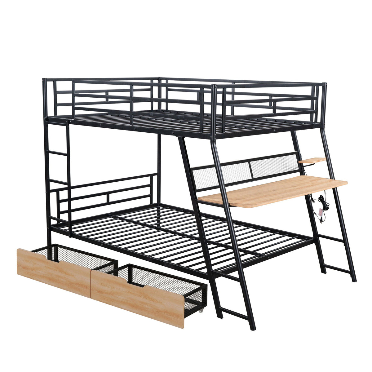 Full Size Bunk Bed with Built-In Desk, Light & 2 Drawers - Black