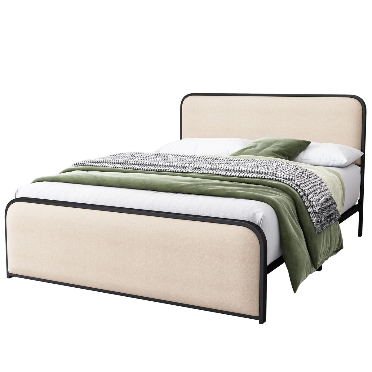 Modern Beige Storage Bed with Curved Upholstered Headboard and Footboard