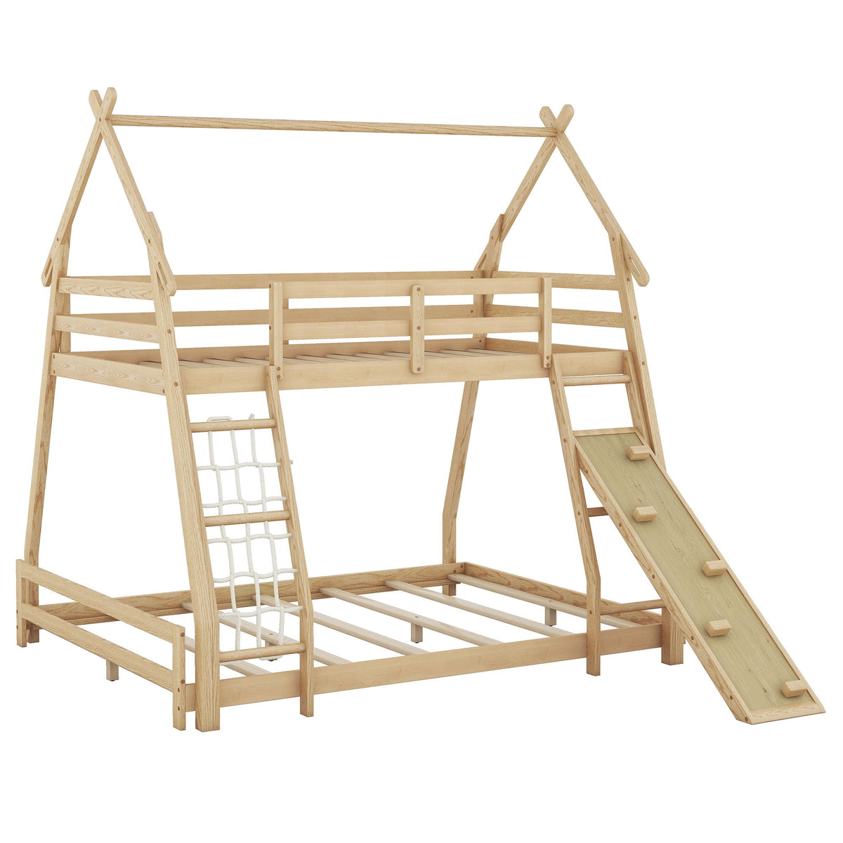 Twin Over Queen House Bunk Bed with Climbing Nets and Ramp - White or Light Brown