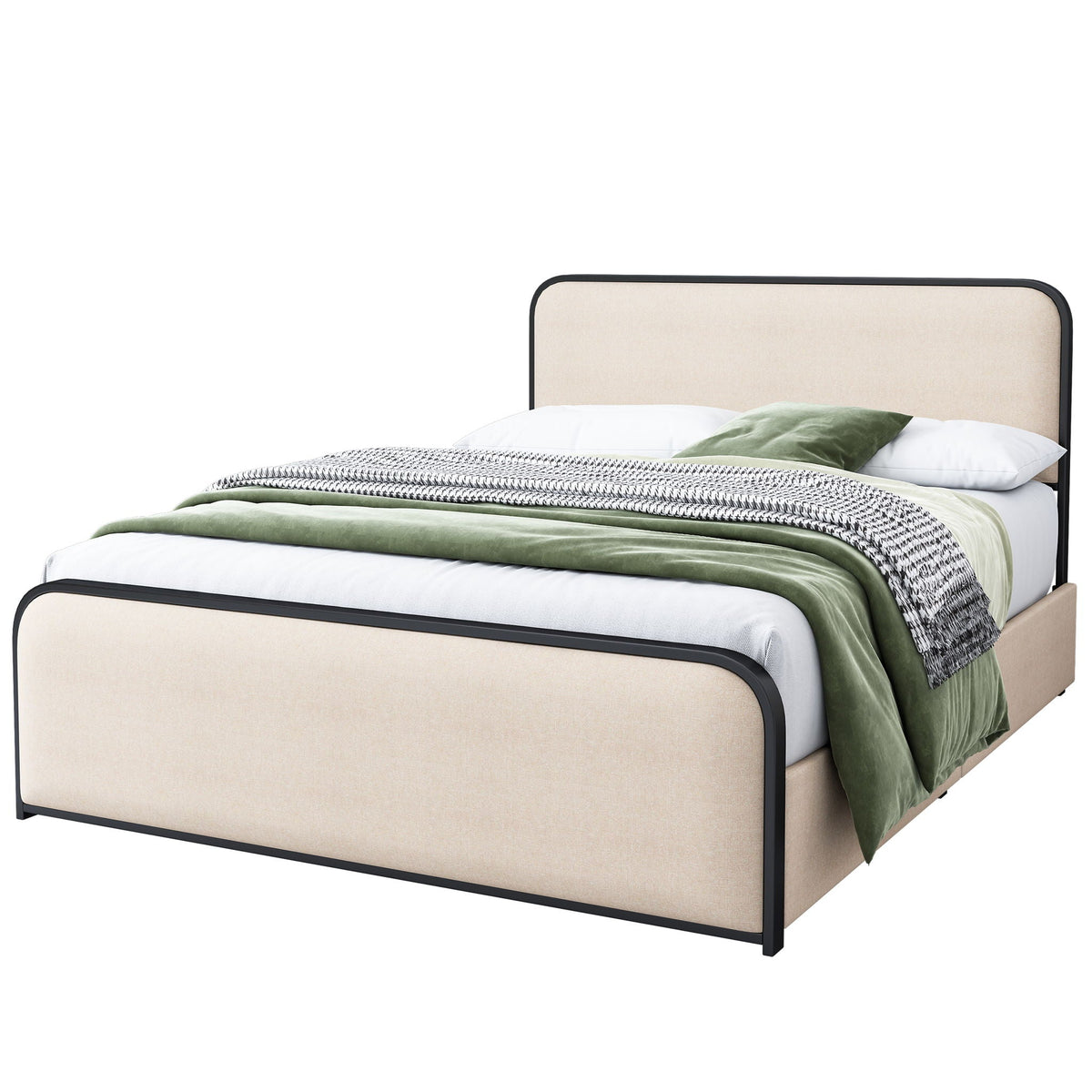 Modern Beige Storage Bed with Curved Upholstered Headboard and Footboard