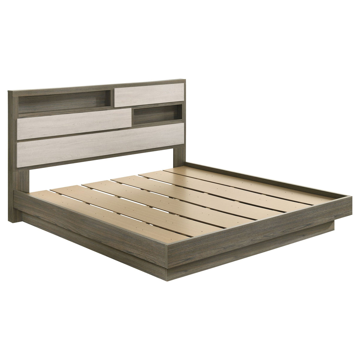 Eastern King Storage Bed with Bookcase Headboard and Hidden Storage - Oak