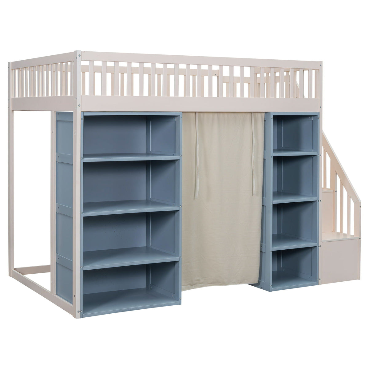 Full Size Loft Bed with Storage Cabinets and Privacy Curtain - White