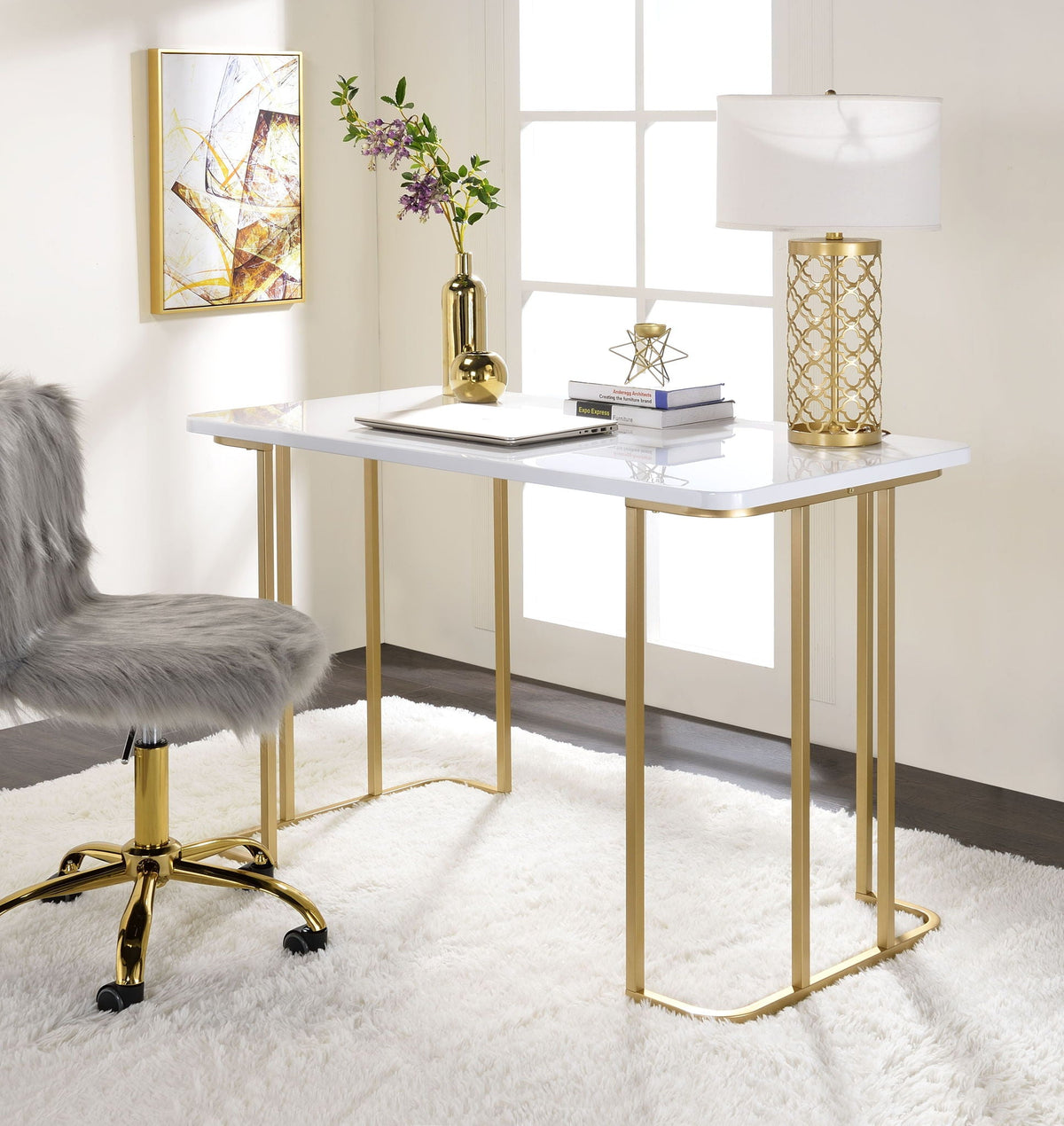 White and Gold Writing Desk with Open Metal Base - 48" Wide