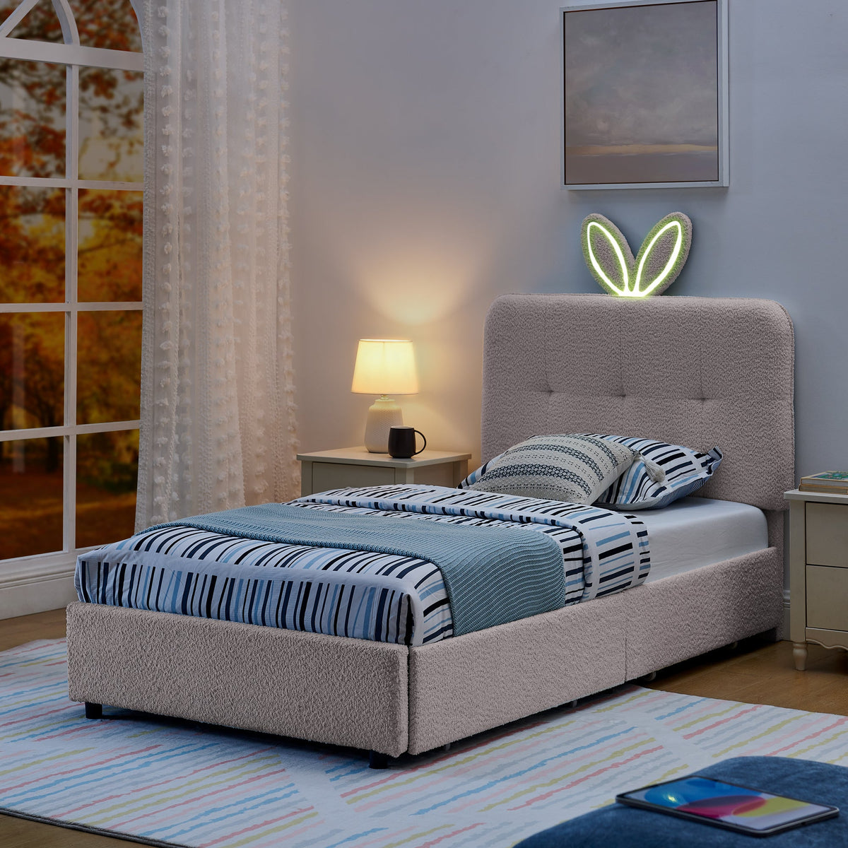 Twin Size Kids Upholstered Bed with Rabbit Ear Headboard and Storage - White