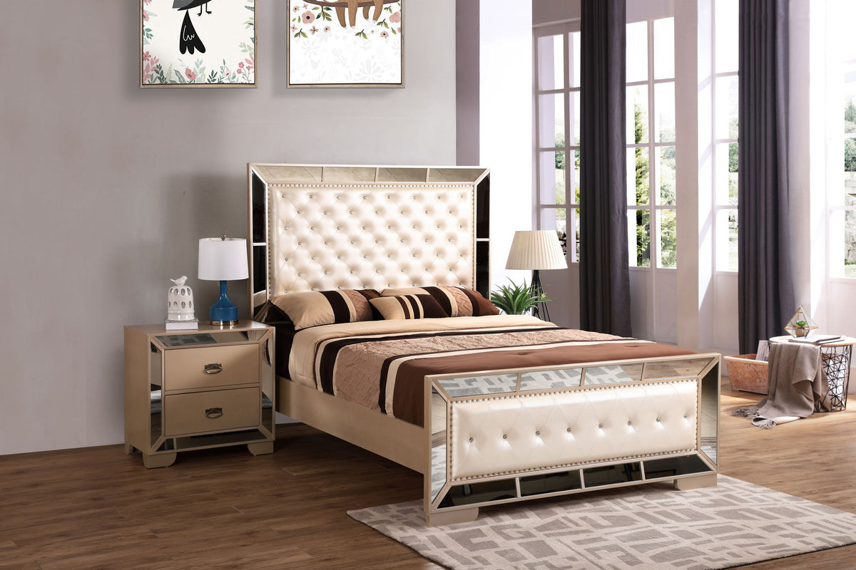Contemporary Panel Bed with Mirrored Accents - Beige or Pearl Silver