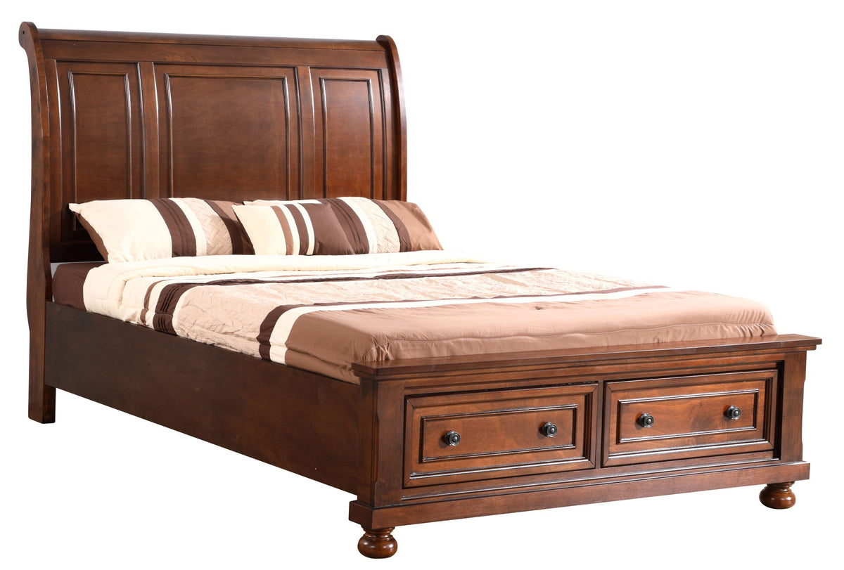 Light Brown Sleigh Bed with Wood Veneers - Multiple Sizes