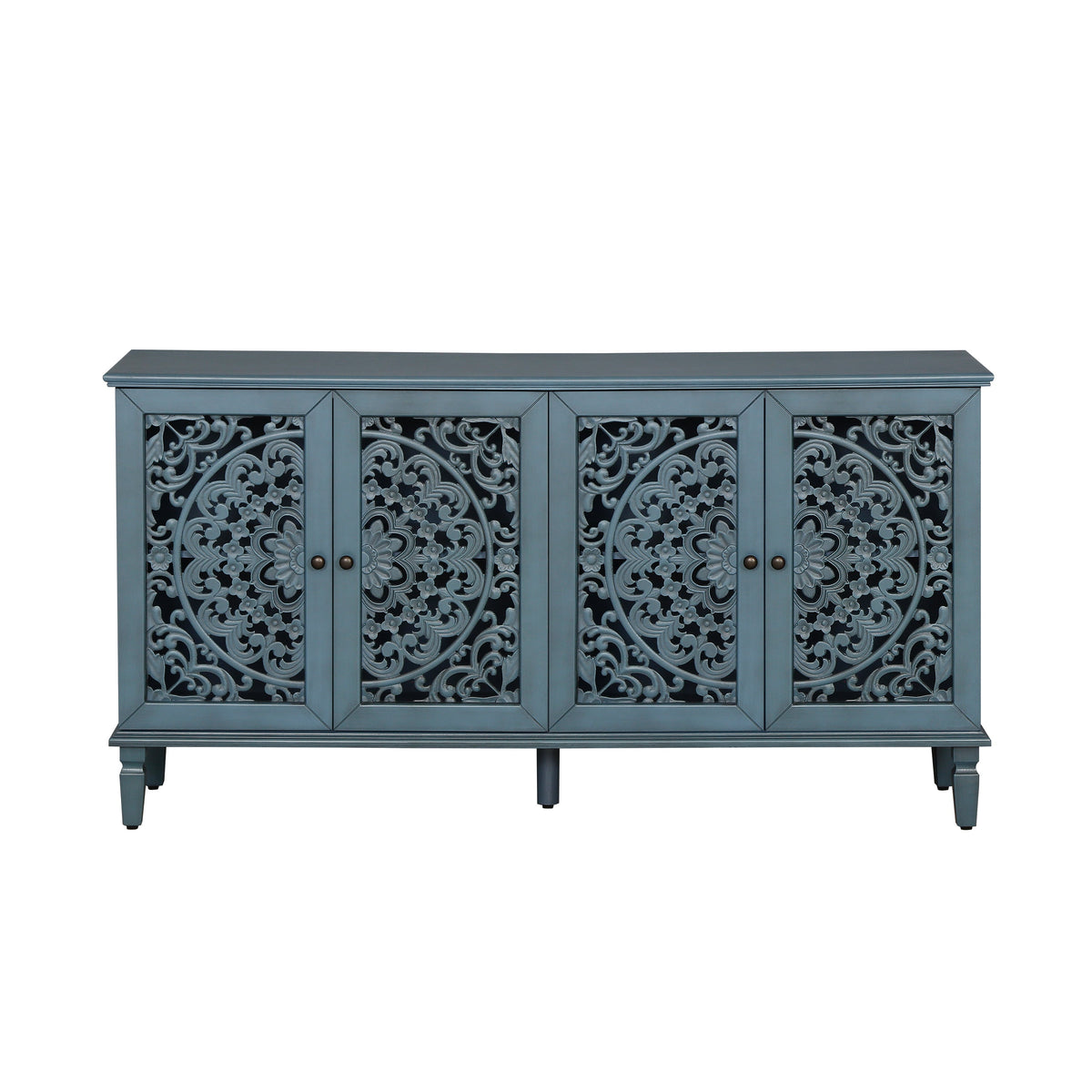 Antique Blue Buffet Cabinet with Floral Carvings and Adjustable Shelves
