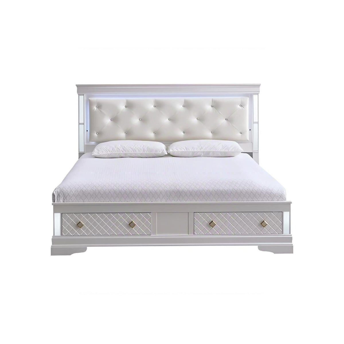 Verona Storage Bed with LED Accent Lighting and Drawers - Pearl Silver