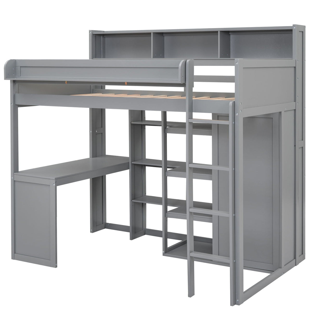 Twin Loft Bed with Built-In Desk, Storage Shelves & Wardrobe - Wood Frame