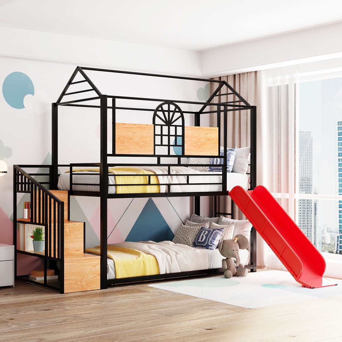 Metal Bunk Bed with Slide and Storage Stairs